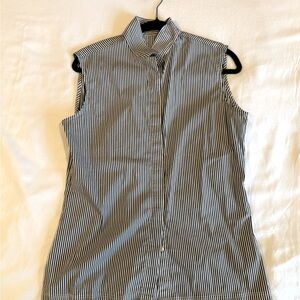 Dark Gray and White Striped Sleeveless Button Down Shirt with Mandarin Collar